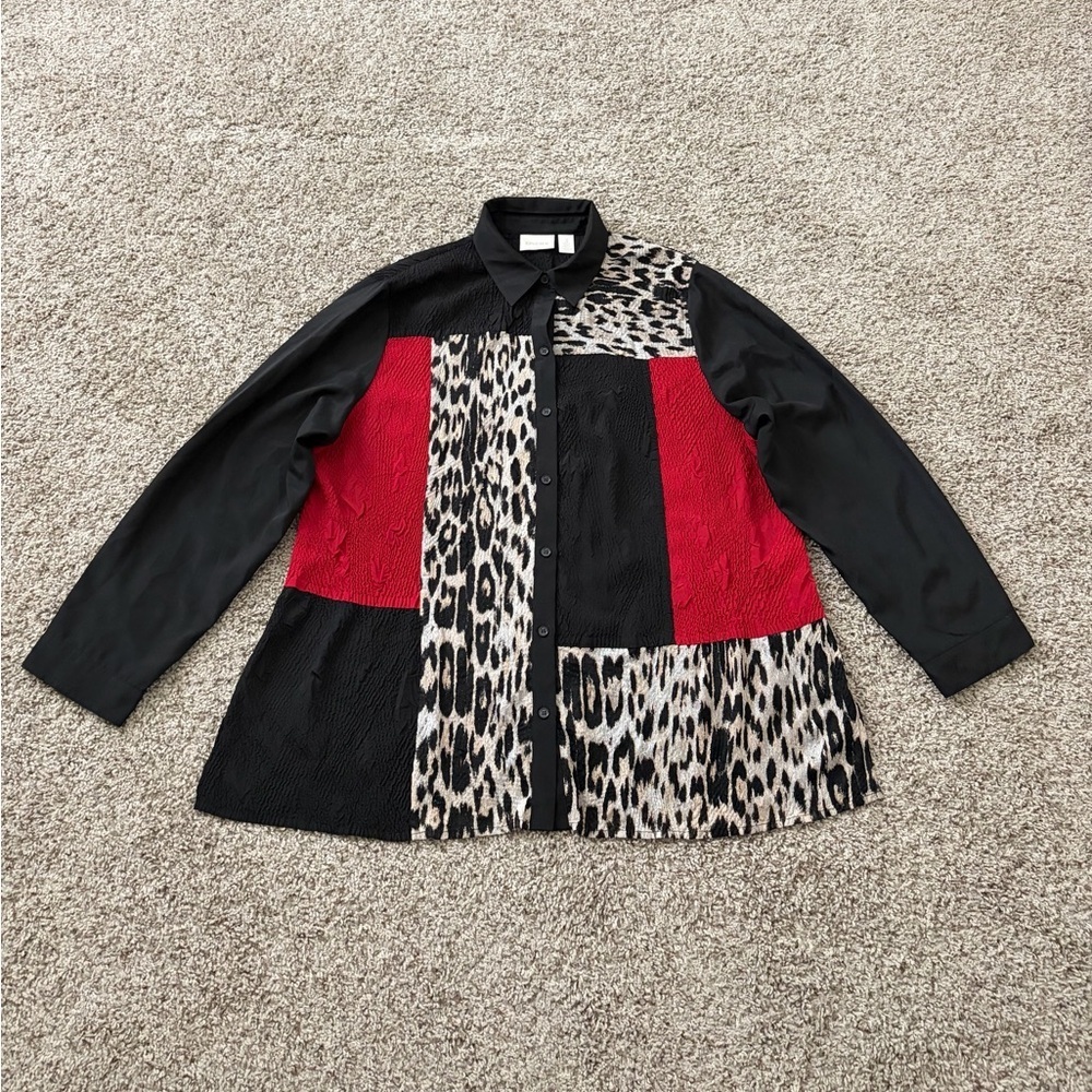 Chico's Patchwork Button-Up Jacket - Black, Red & Leopard